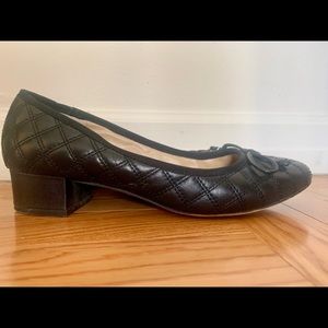 Black, quilted faux leather shoes with low heel